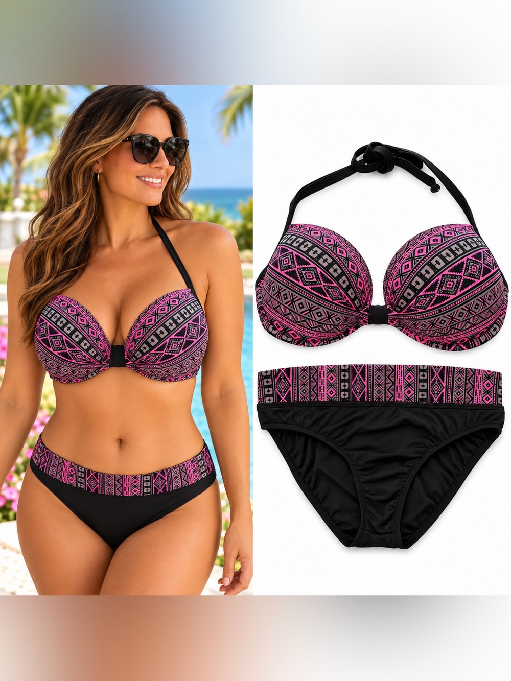 VENUS Bikini Set Top Size 38C/40B and Bottoms Size 10 Boho Y2K Tribal Retro